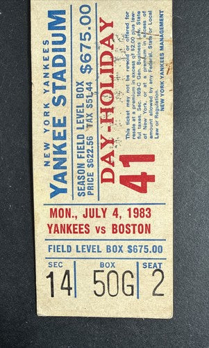 July 4 1983 Dave Righetti No Hitter Full Ticket Ny Yankees Vs Red Sox Rare