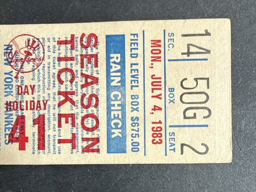 July 4 1983 Dave Righetti No Hitter Full Ticket Ny Yankees Vs Red Sox Rare