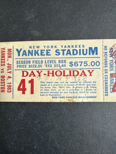 July 4 1983 Dave Righetti No Hitter Full Ticket Ny Yankees Vs Red Sox Rare