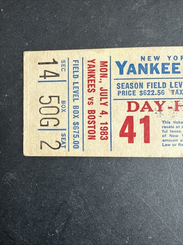 July 4 1983 Dave Righetti No Hitter Full Ticket Ny Yankees Vs Red Sox Rare