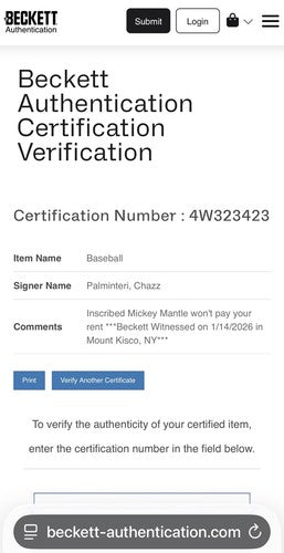 Chazz Palminteri Signed Baseball Mickey Mantle Won’t Pay Your Rent Auto BAS Coa