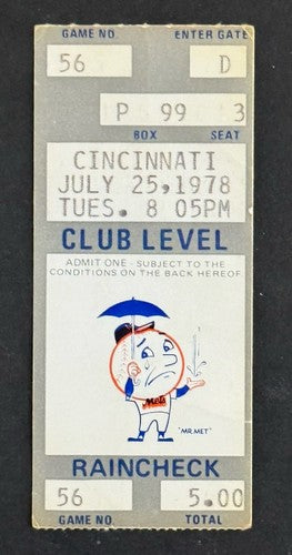 Pete Rose Breaks NL  Hit Record 38 IN A Row TICKET STUB Reds Vs Mets 7/25/ 1978