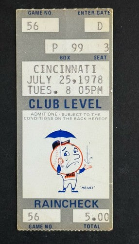 Pete Rose Breaks NL  Hit Record 38 IN A Row TICKET STUB Reds Vs Mets 7/25/ 1978