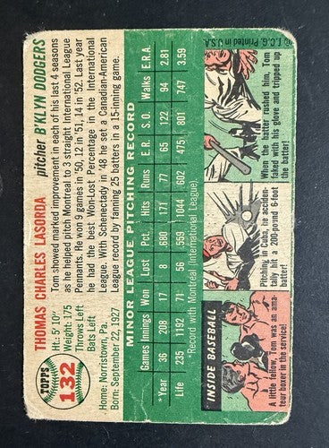 1954 Topps Tommy Lasorda Tom Lasorda #132 Rookie RC HOF Dodgers Centered