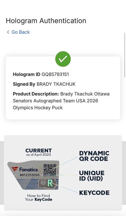 Brady Tkachuk Signed USA 2026 Olympics Hockey Puck Auto Fanatics COA Senators