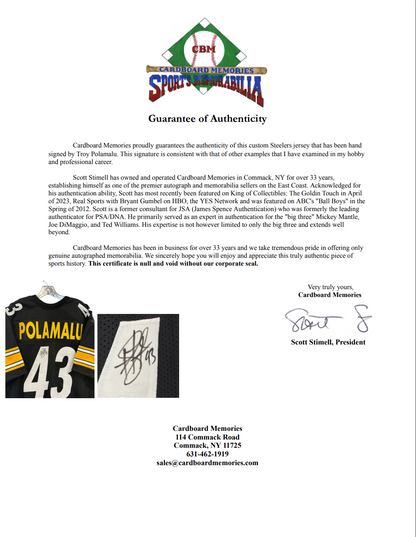 Troy Polamalu Signed Jersey # 43 Auto TSE COA Pittsburgh Steelers HOF