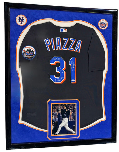 Mike Piazza Signed Stat Jersey Framed Mets HOF 2016 #31 Retired 12x A.S Auto JSA