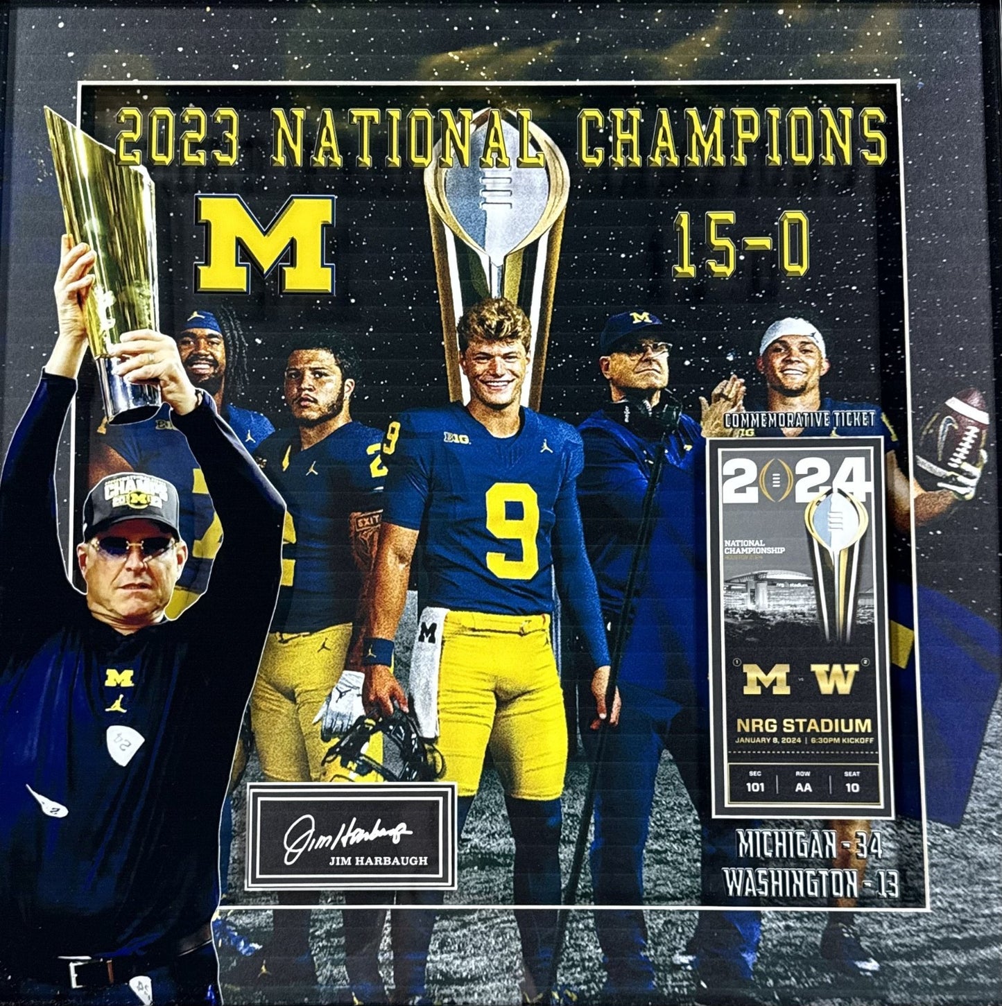 2023 National Champions Michigan CFP 3D Photo Framed 22x22 Jim Harbaugh McCarthy