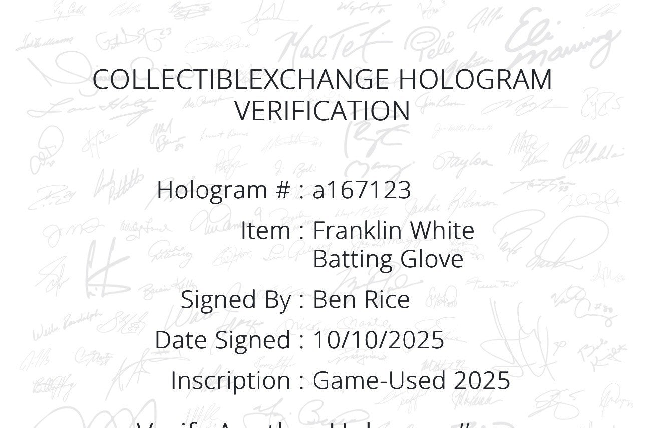 Ben Rice Yankees Signed Game Used Franklin Batting Gloves 2025 Auto Steiner COA