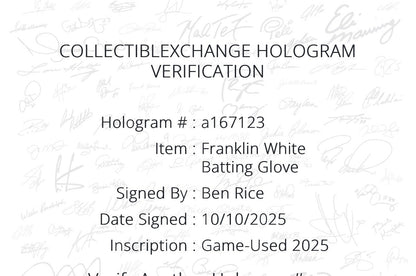 Ben Rice Yankees Signed Game Used Franklin Batting Gloves 2025 Auto Steiner COA