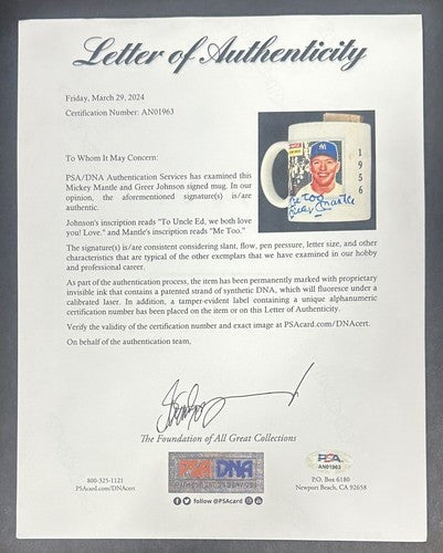 Mickey Mantle Greer Johnson Signed 1956 Topps Card Boob Mug Yankees Auto PSA 1/1