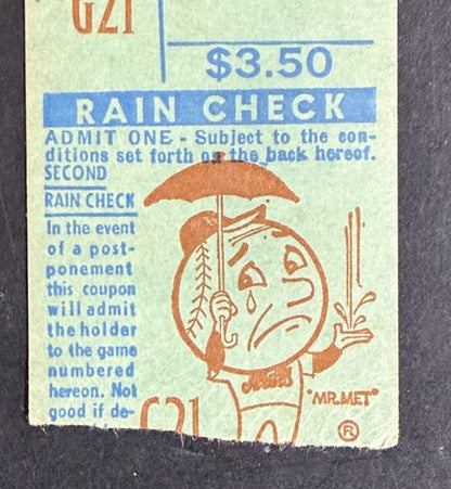 August 2 1969 Ticket Stub Tom Seaver 1st Pinch Runner & Only Mets win 1-0 Nm