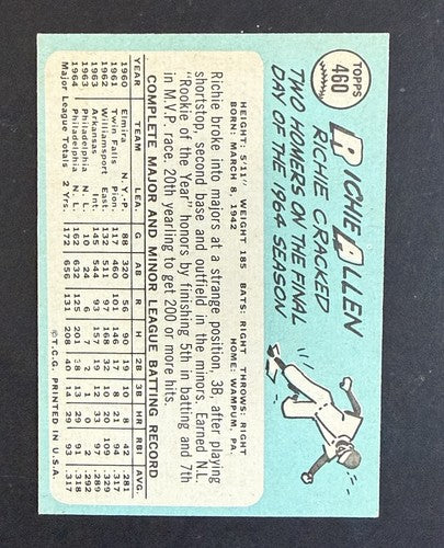 1965 TOPPS #460 RICHIE ALLEN PHILLIES WOW Razor Sharp READ Indent Line Nm
