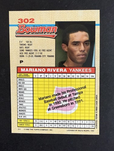 MARIANO RIVERA YANKEES SIGNED 1992 BOWMAN ROOKIE 302 Steiner AUTHENTIC Mint Auto