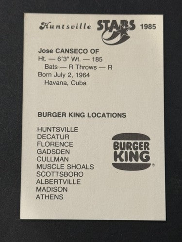 Jose Canseco Signed 1985 Huntsville Stars Jennings Rookie Mint Auto W/Set Coa