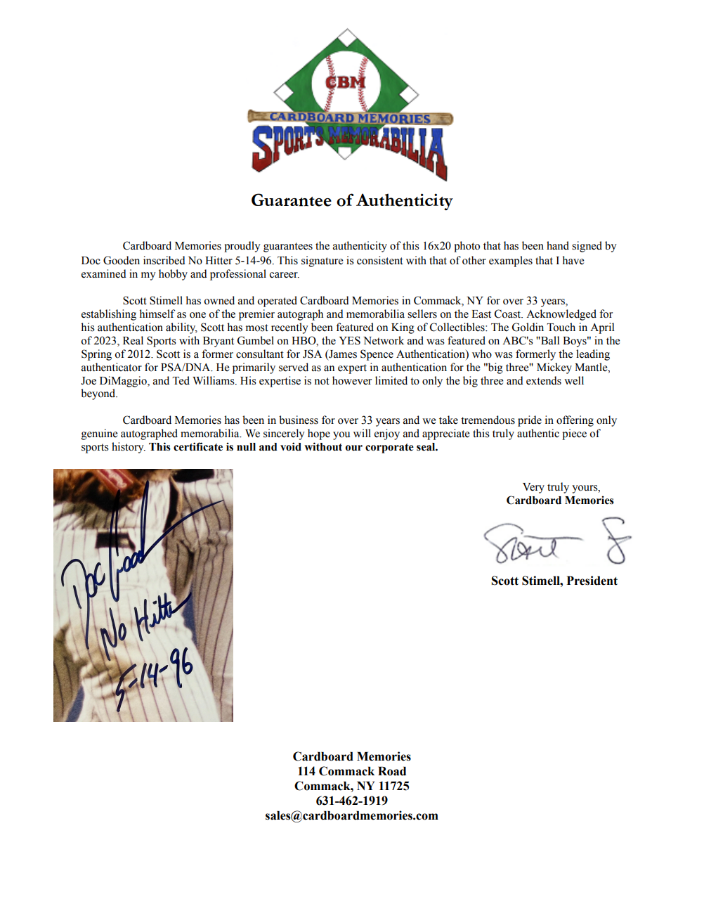 Doc Gooden Signed 16x20 No Hitter 5-14-96 Auto Framed NY Yankees CBM COA