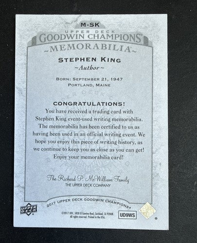 2017 Upper Deck Goodwin Champions Memorabilia Stephen King #M-SK 7 Writer Mint