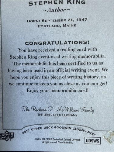2017 Upper Deck Goodwin Champions Memorabilia Stephen King #M-SK 7 Writer Mint