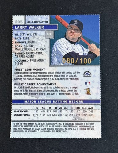 1999 Topps Finest Larry Walker #205 Gold Refractor 080/100 Mint  HOF Rockies