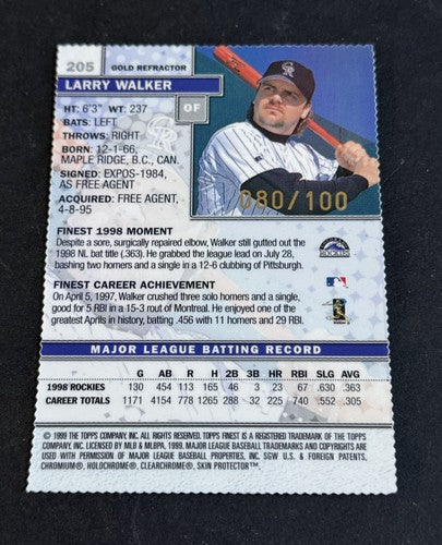1999 Topps Finest Larry Walker #205 Gold Refractor 080/100 Mint  HOF Rockies