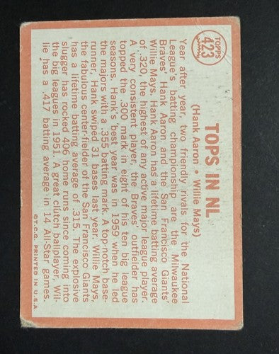 TOPS IN NL HANK AARON WILLIE MAYS 1964 TOPPS #423 GIANTS BRAVES HOF W/ Wear