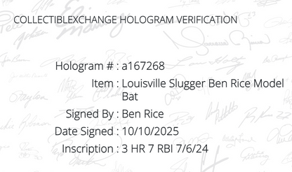 Ben Rice Signed Louisville Slugger Game Model Bat Yankees 3 Hr 7rbi Auto Steiner