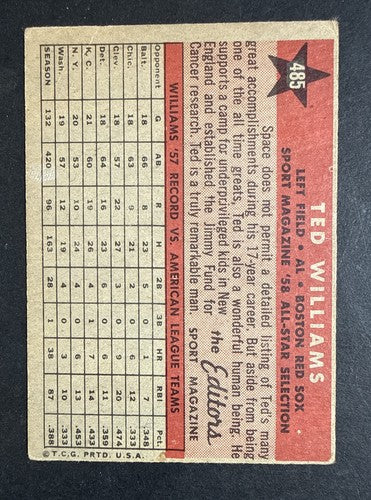 1958 Topps #485 Ted Williams All Star Boston Red Sox Nice Great Color HOF