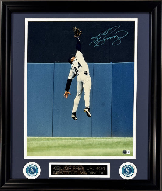 Ken Griffey Signed 16x20 Leaping Catch Photo Framed HOF  Auto Mariners BAS COA