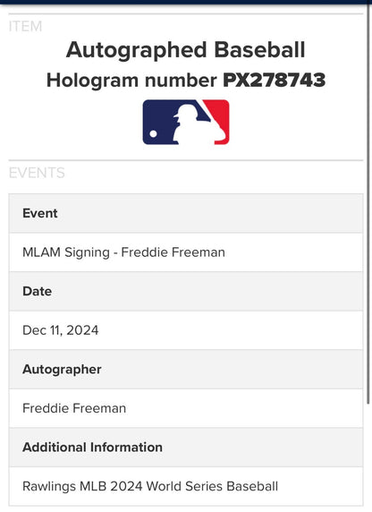 Freddie Freeman Signed 2024 World Series Logo Baseball Dodgers MVP Auto MLB COA