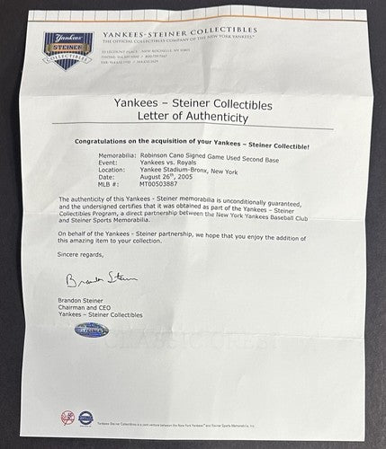 Robinson Cano Signed Game Used 2005 Rookie Year Yankees 2nd Base Steiner COA MLB