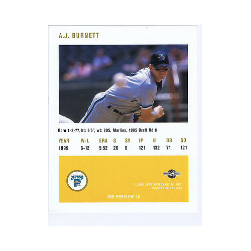 AJ Burnett Signed 8x10 Rookie Auto Photo Card Portland Seadogs COA Autograph