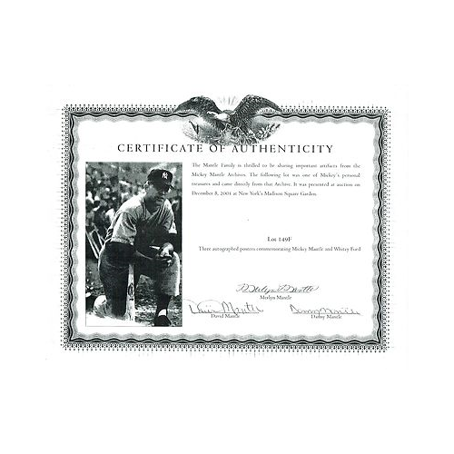 Mickey Mantle Whitey Ford Signed Yankees Personal poster Photo Mantle Family Coa