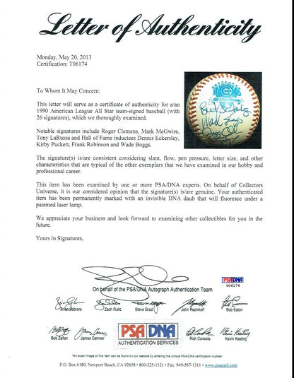 1990 AL ALL Star Team Signed Baseball McGwire Kirby Puckett Roger Clemens PSA