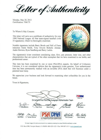 1990 NL All Star Team Signed Baseball Tony Gwynn LARKIN Barry Bonds 33 Auto PSA