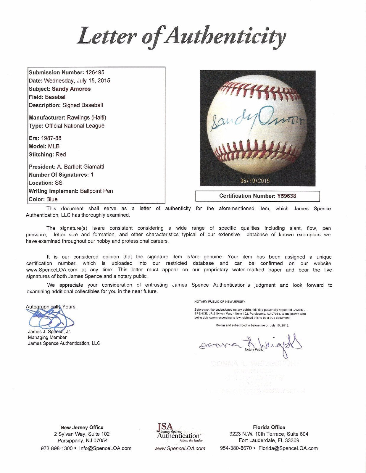 Sandy Amoros Signed 1955 Brooklyn Dodgers WS NL Baseball RARE MINT Auto JSA LOA