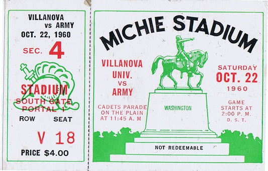 October 22nd, 1960 Villanova vs. Army Ticket Stub Michie Stadium Nice Shape