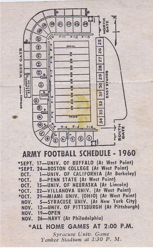 October 22nd, 1960 Villanova vs. Army Ticket Stub Michie Stadium Nice Shape