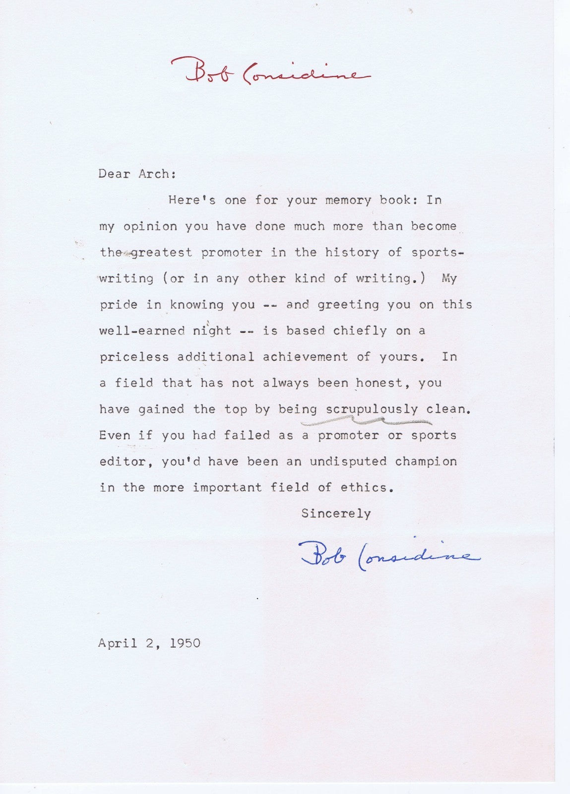 Robert Considine Bob Signed Letter Arch Ward autograph 1950 Babe Ruth Story coa