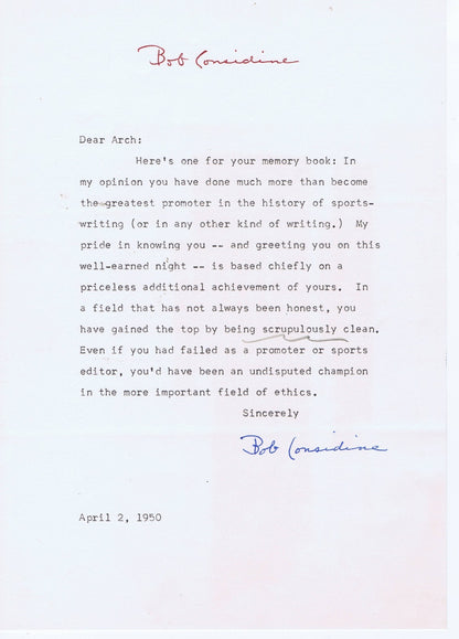 Robert Considine Bob Signed Letter Arch Ward autograph 1950 Babe Ruth Story coa