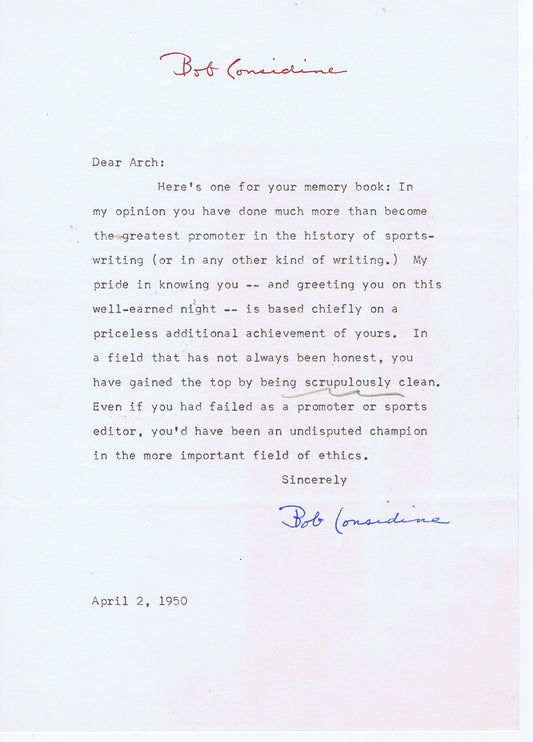 Robert Considine Bob Signed Letter Arch Ward autograph 1950 Babe Ruth Story coa