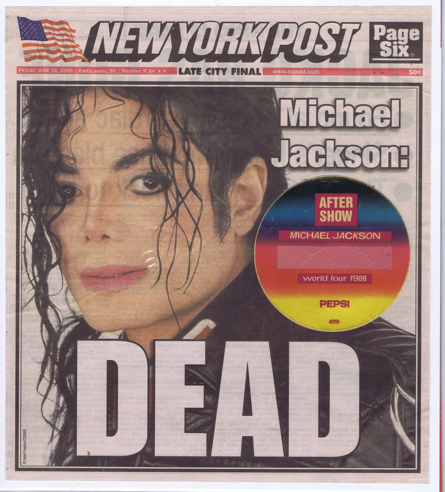 Michael Jackson New York Post June 26 2009 Cover w/ World Tour '88 Pass
