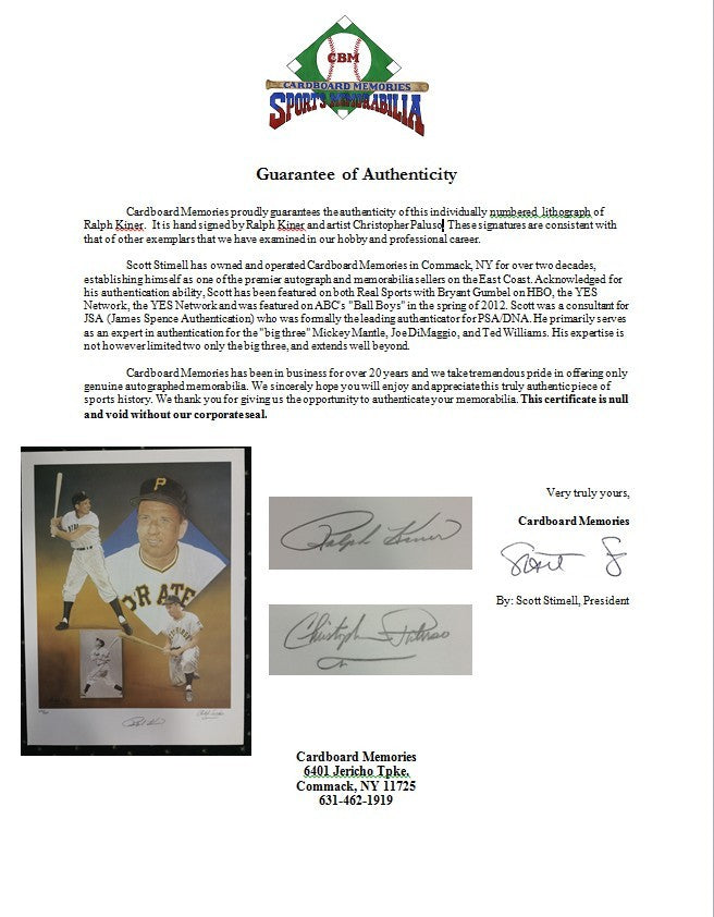 Ralph Kiner Signed Pittsburgh Pirates 18" by 24" Lithograph Autograph LE 500