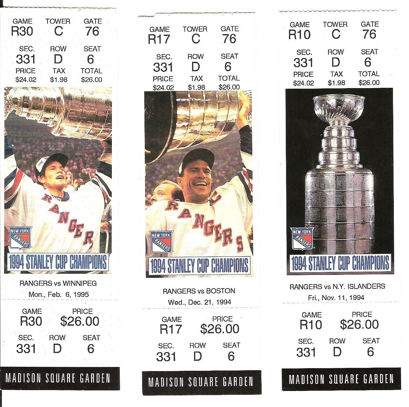 1994-95 New York Rangers Stanley Cup Champions MSG 3 Ticket Lot Messier Richter