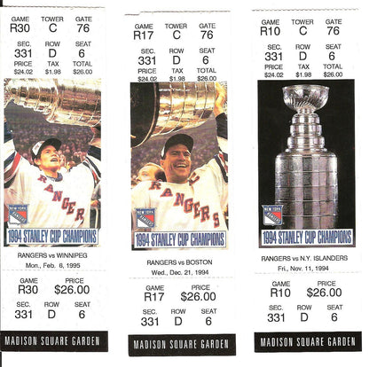 1994-95 New York Rangers Stanley Cup Champions MSG 3 Ticket Lot Messier Richter