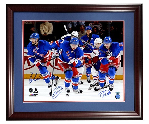 Mats Zuccarello Brassard Pouliot Signed Framed 16x20 Photo NY Rangers Steiner