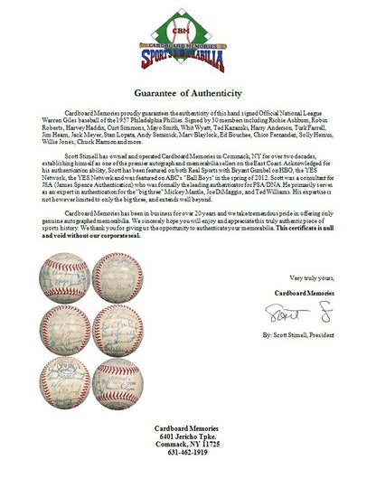 1957 Philadelphia Phillies Team Signed NL Giles Baseball 30 Autos Ashburn COA