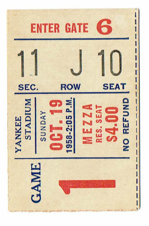 1958 New York Giants FOOTBALL Ticket Stub Yankee Stadium NM NFL GIFFORD oct 19