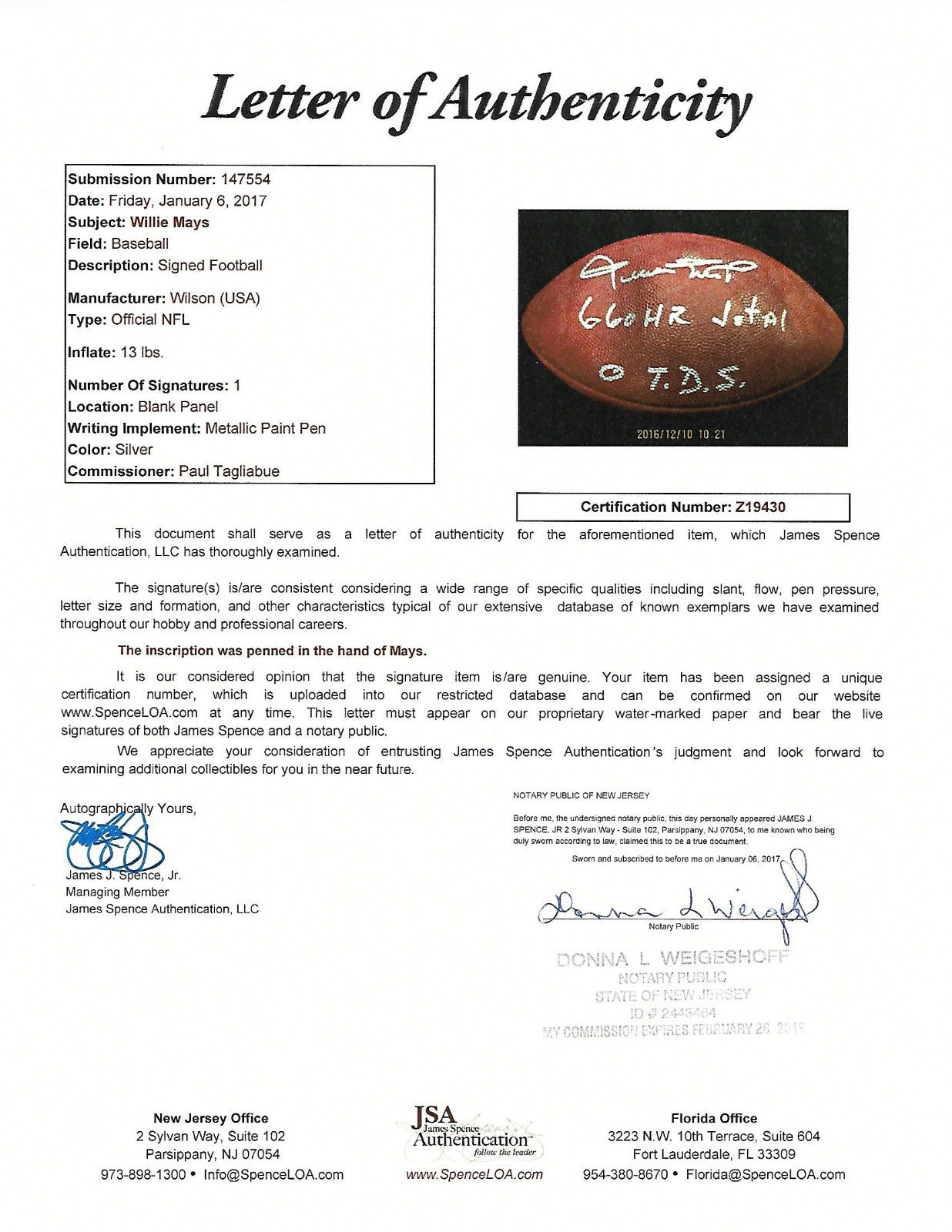 Willie Mays Signed 660 HR Total 0 T.D.S Mint Auto Duke Football Case JSA Coa