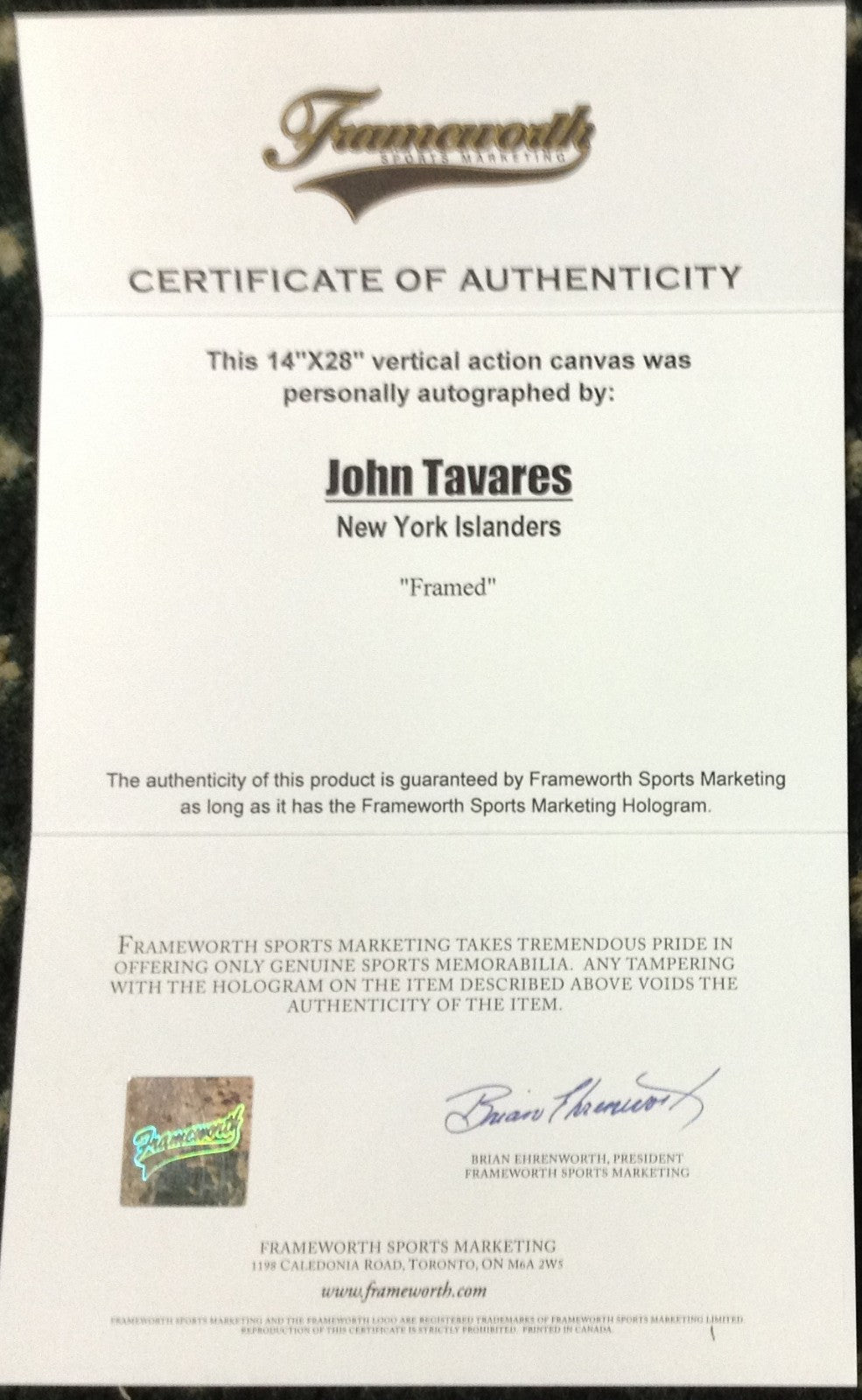 John Tavares Signed 14x28 Islanders Photo Canvas framed Autograph Frameworth coa