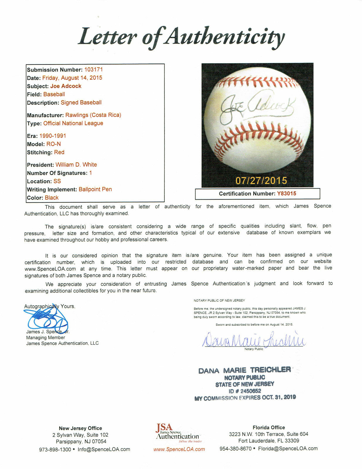 Joe Adcock SINGLE Signed National League Baseball Braves JSA Loa Autograph RARE